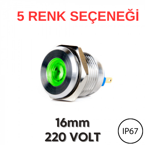 J16-170P 16mm Yassı Kafa LED Metal Sinyal Lambası (220V AC) (IP67)