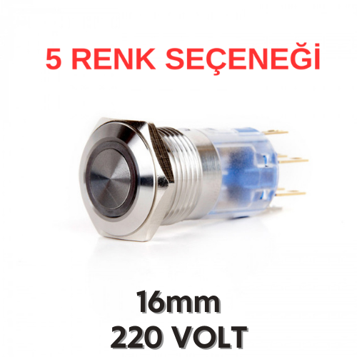 J16-272-E 16mm LED Düz Kafa Metal Yaylı LED Butonlar (220V) (IP67)