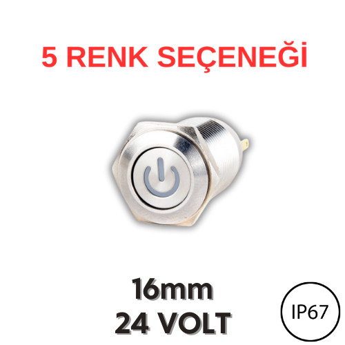 J16-372-P 16mm Power Logo Düz Kafa Butonlar (24V) (IP67)