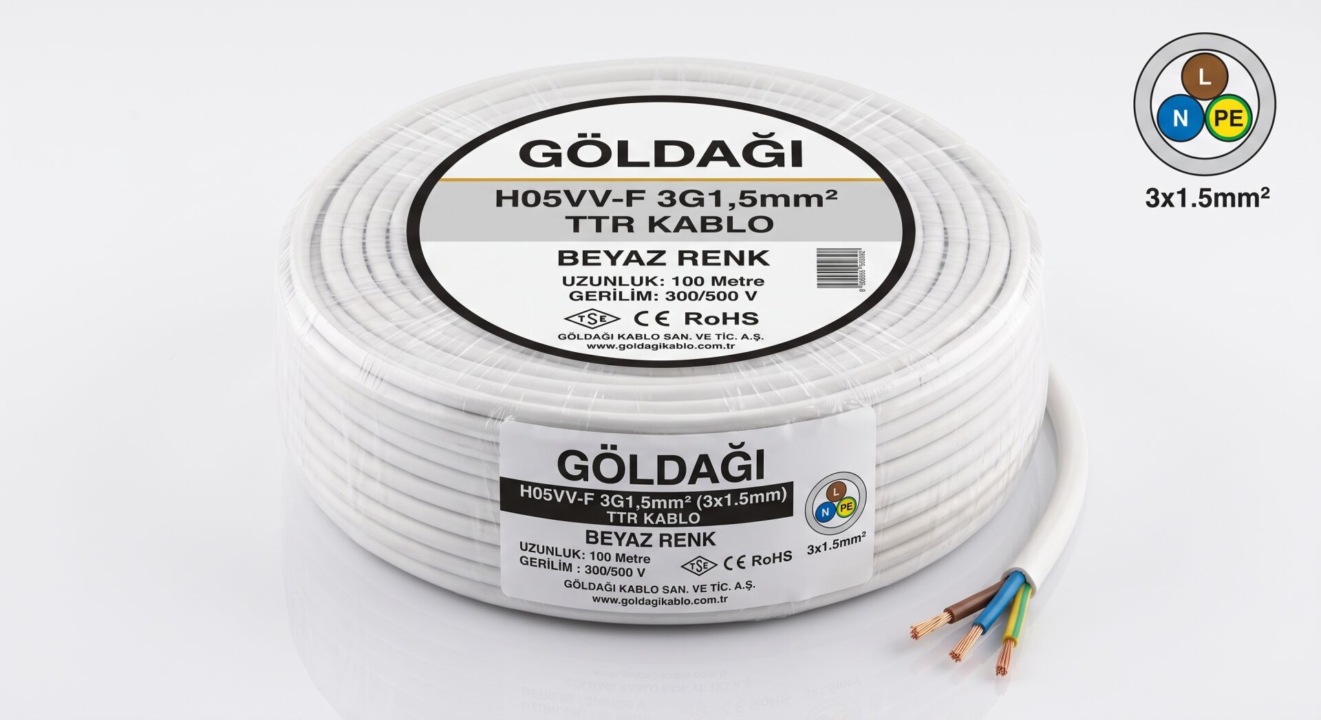 Göldağı 3x1.5 Beyaz TTR Kablo H05VV-F 3G1.5 mm² %100 Bakır