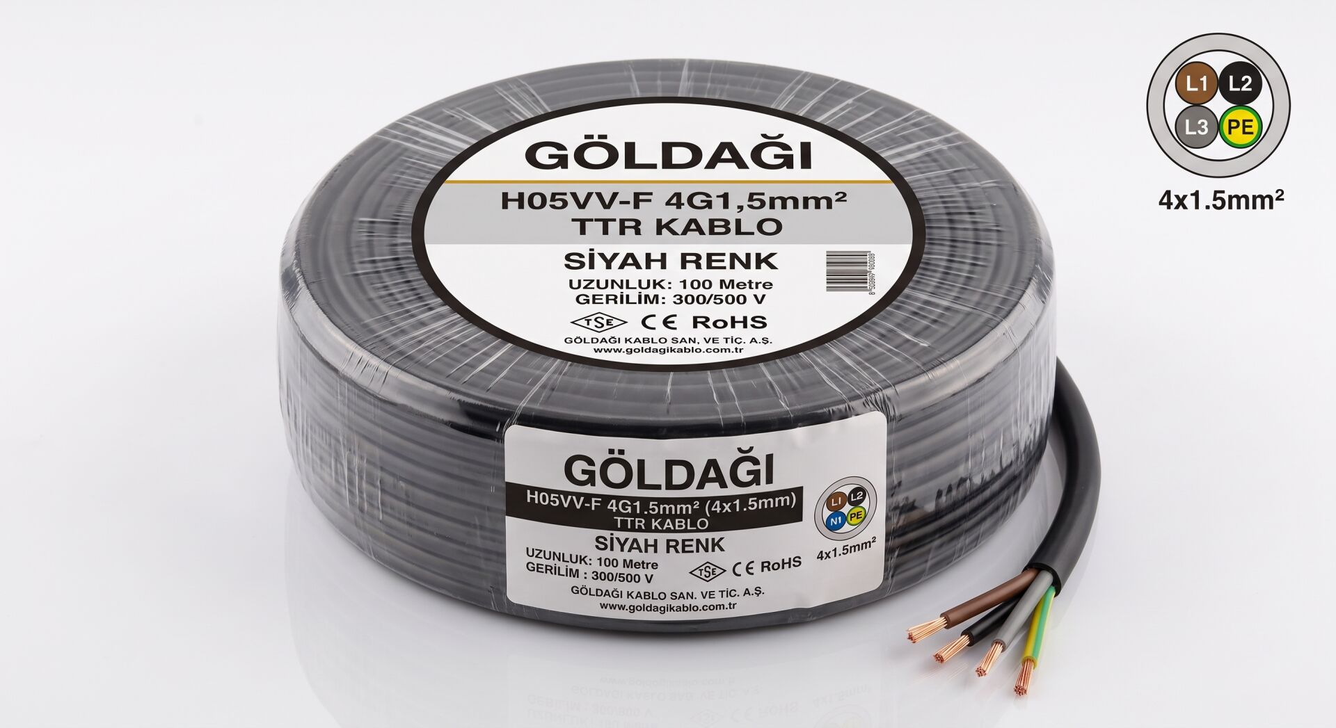 Göldağı 4x1.5 TTR Kablo H05VV-F 4G1.5 mm² %100 Bakır BEYAZ