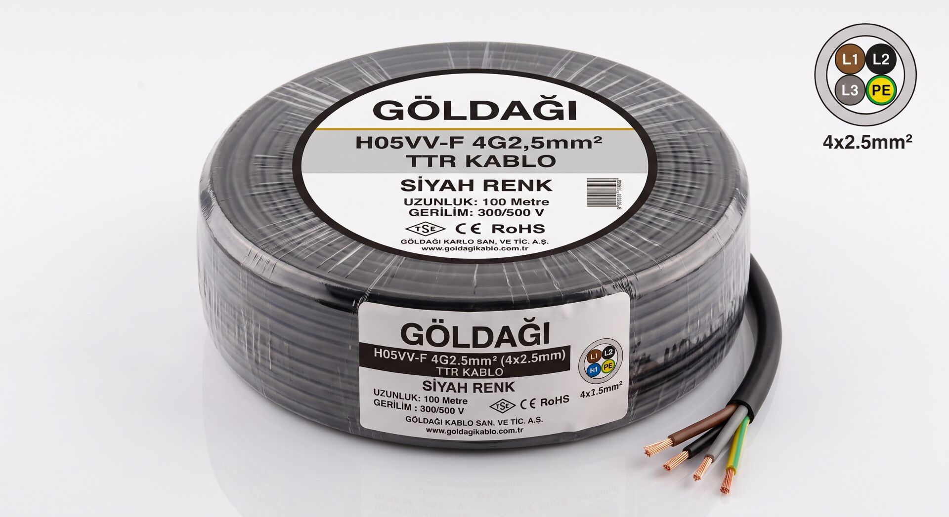 Göldağı 4x2.5 Siyah TTR Kablo H05VV-F 4G2.5 mm² %100 Bakır