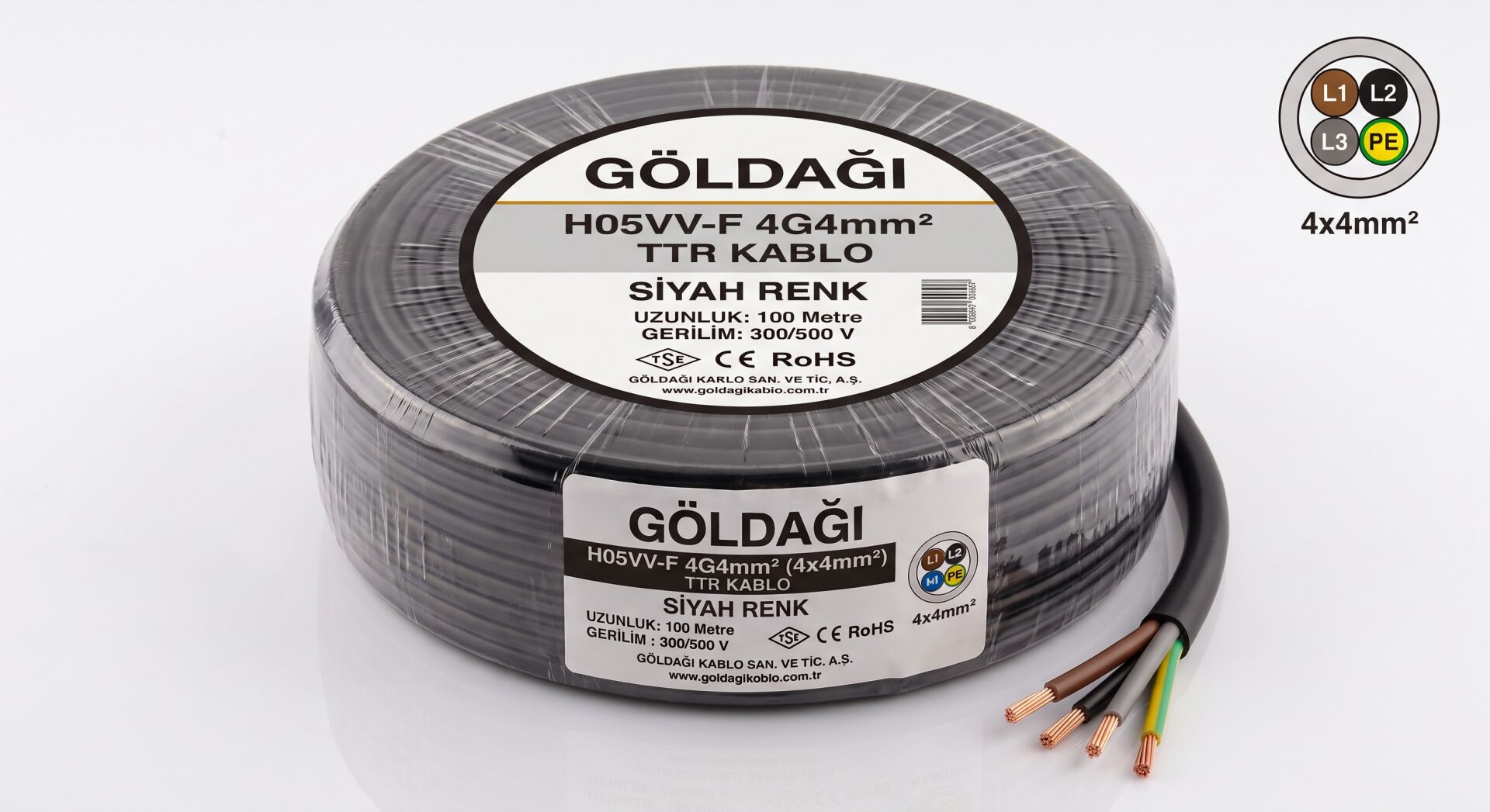 Göldağı 4x4 Siyah TTR Kablo H05VV-F 4G4 mm² %100 Bakır