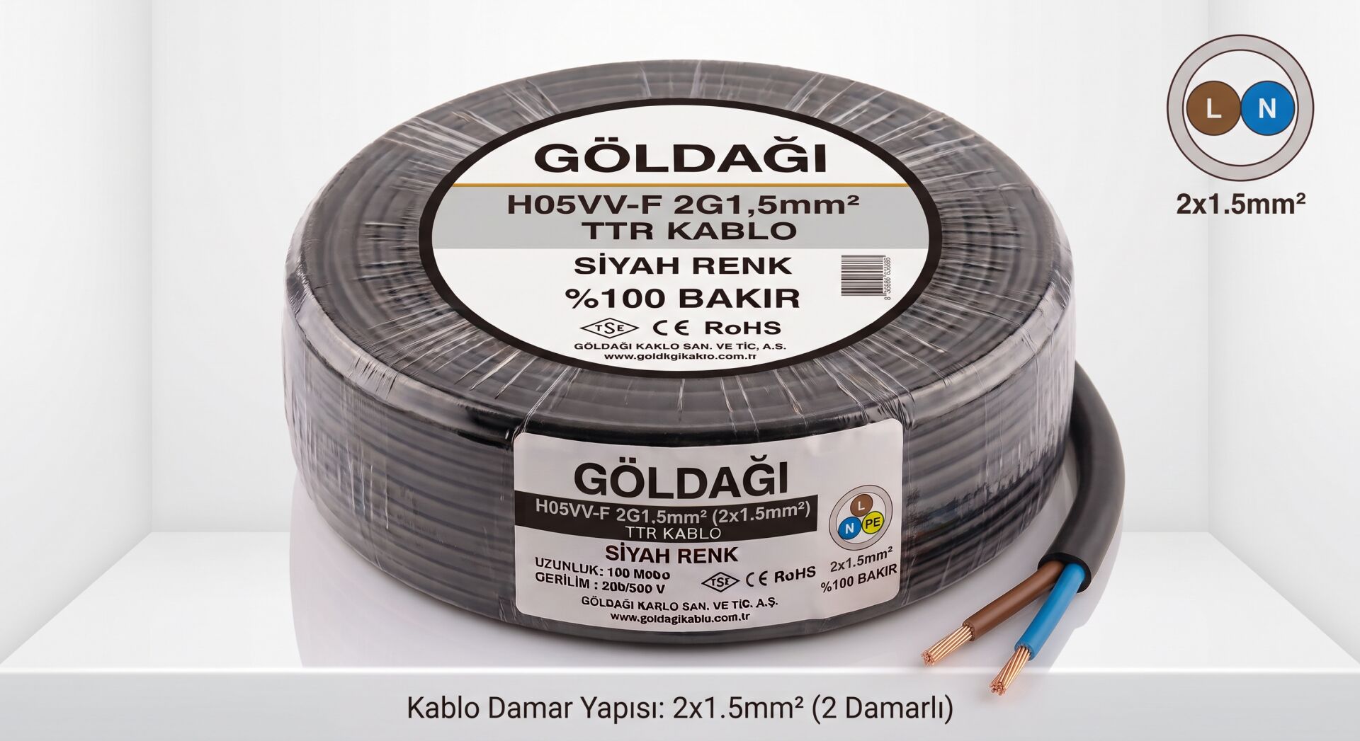 Göldağı 2x1.5 Siyah TTR Kablo H05VV-F 2G1.5 mm² %100 Bakır