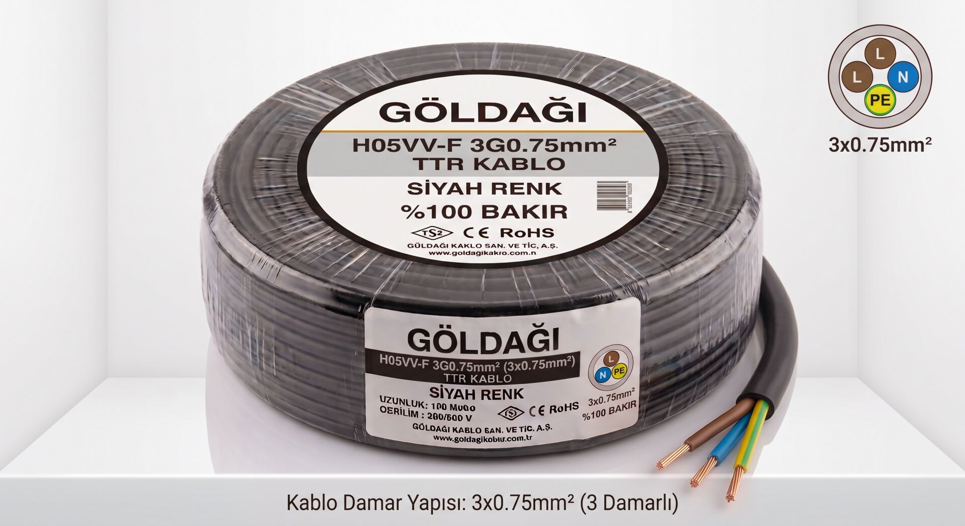 Göldağı 3x0.75 Siyah TTR Kablo H05VV-F 3G0.75 mm² %100 Bakır