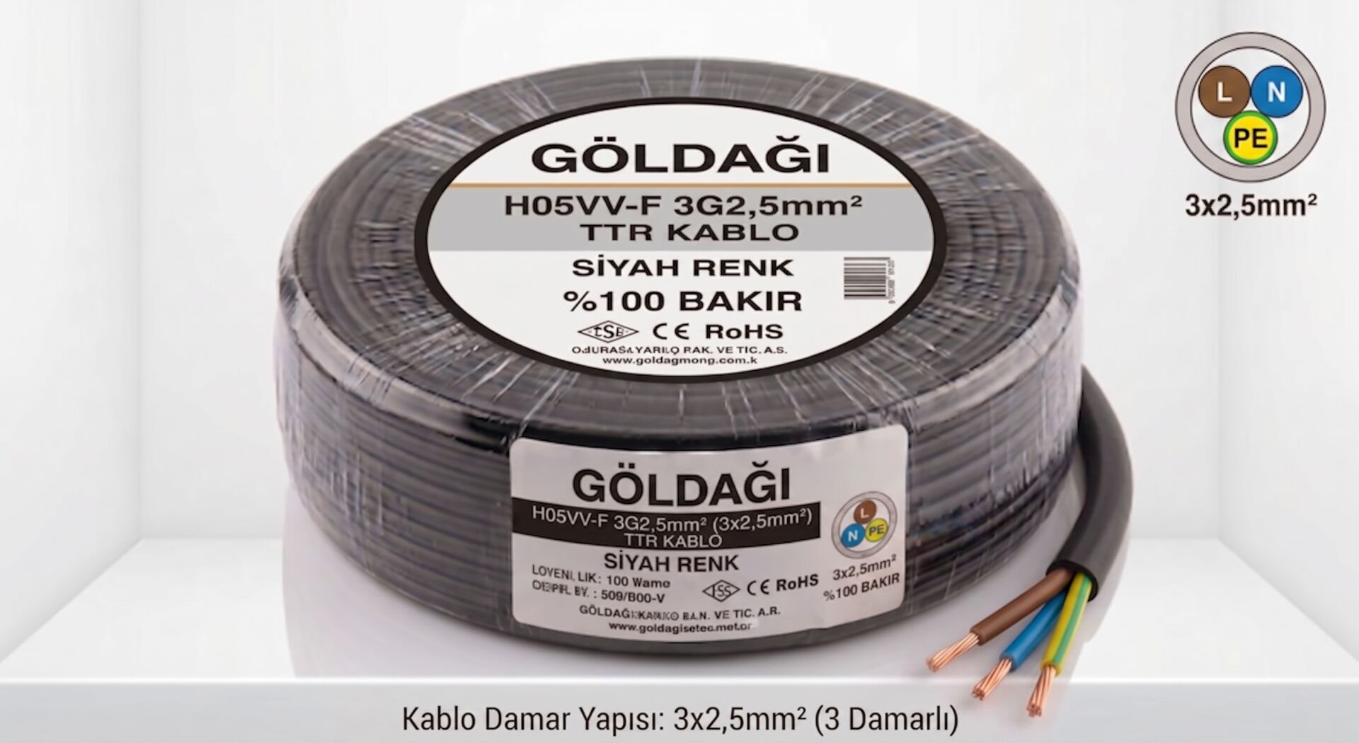 Göldağı 3x2.5 Siyah TTR Kablo H05VV-F 3G2,5 mm² %100 Bakır
