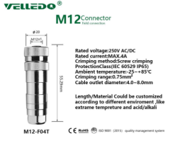 M12P-F04T - M12 4 Pin Dişi Düz Metal Konnektör - Velledq
