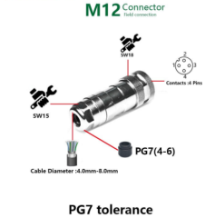 M12P-F04T - M12 4 Pin Dişi Düz Metal Konnektör - Velledq