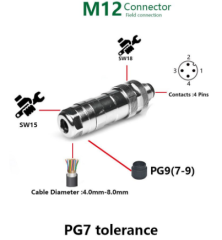 M12P-M04T - M12 4 Pin Erkek Düz Metal Konnektör - Velledq