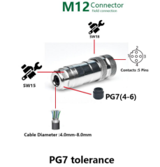 M12P-F05T - M12 5 Pin Dişi Düz Metal Konnektör - Velledq