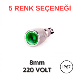 J8-160P 8mm Çıkık Kafa Metal Sinyal Lambası (220VAC) (IP67)