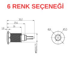 J10-130P 10mm Yassı Kafa LED Metal Sinyal Lambası (6-24V AC/DC) (IP67)