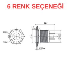 J16-170P 16mm Yassı Kafa Led Metal Sinyal Lambası (6-24V AC/DC) (IP67)