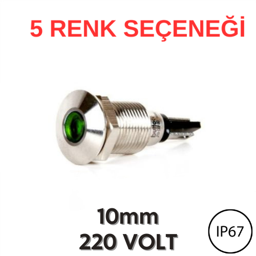 J10-130P 10mm Yassı Kafa LED Metal Sinyal Lambası (220V AC) (IP67)