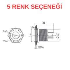 J16-170P 16mm Yassı Kafa LED Metal Sinyal Lambası (220V AC) (IP67)