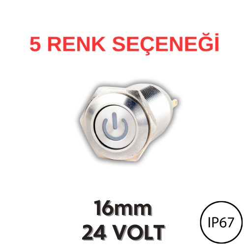 J16-272-P 16mm Power Logo Metal Yaylı Düz Kafa Butonlar (24V) (IP67)